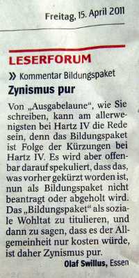 WAZ 15.4.2011 Leserbrief WAZ 15.4.2011 Leserbrief